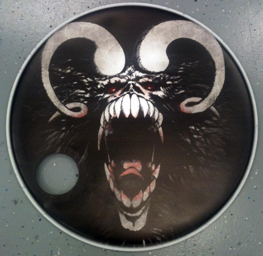 Custom-printed bass drum head with band logo or artwork