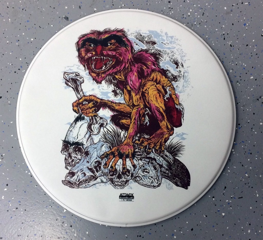 Custom-printed bass drum head with band logo or artwork
