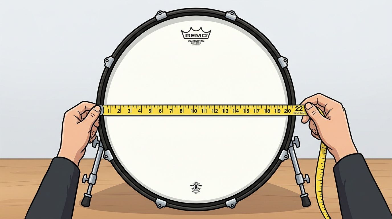 A person using a measuring tape to determine the diameter of a large drum head.