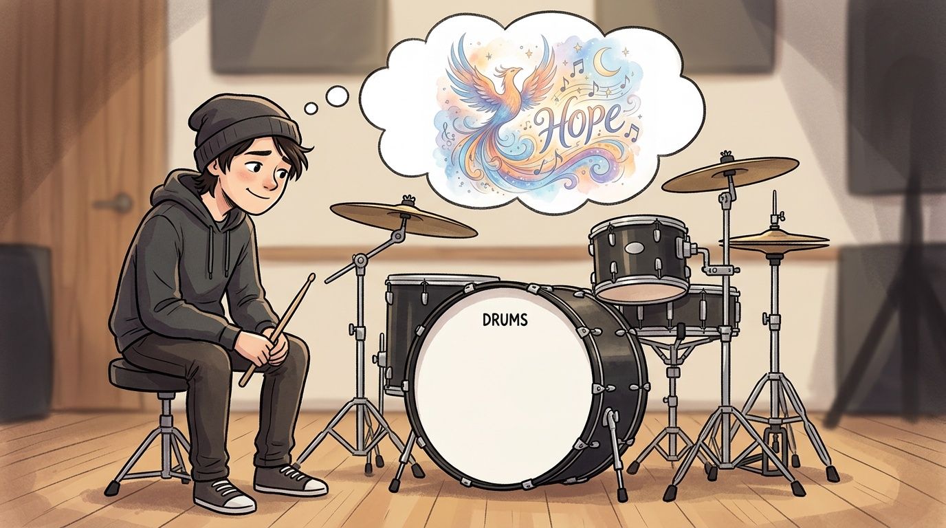 A young drummer sitting behind his drum kit while imagining a colorful phoenix artwork with the word Hope.