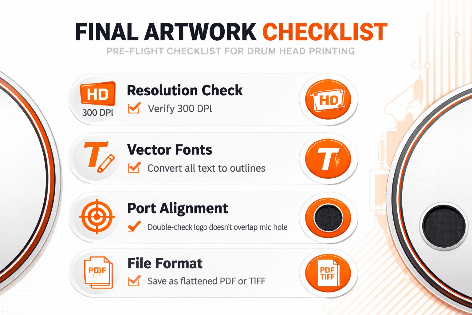 A final artwork checklist infographic for printing custom drum heads with tips on resolution, fonts, and formats.
