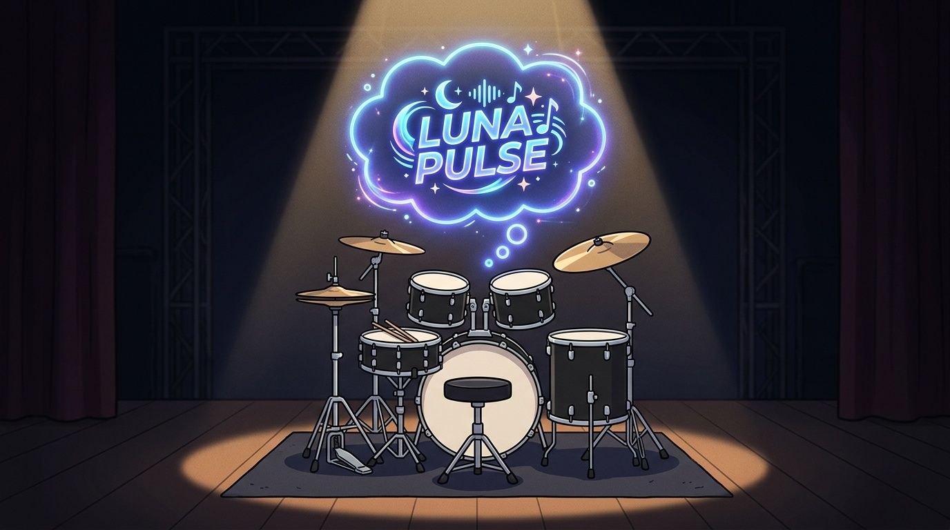 A drum kit sits under a spotlight on a stage beneath a glowing neon Luna Pulse sign.