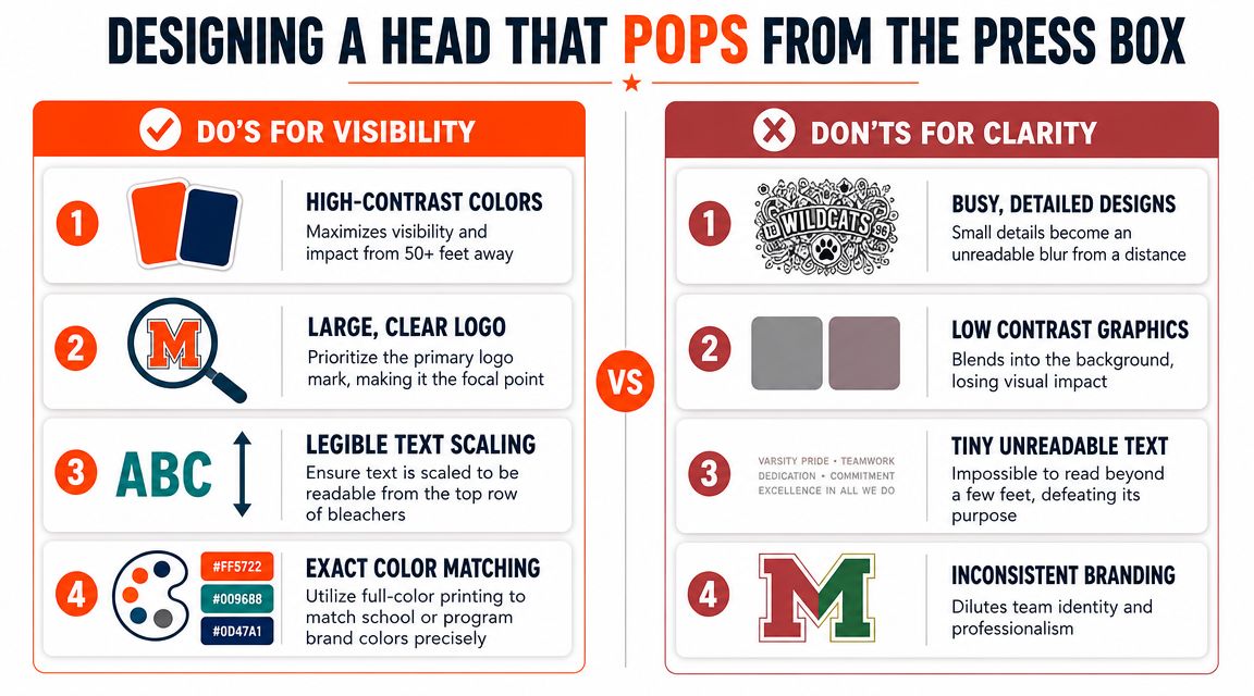 An infographic detailing design best practices for creating visible, high-impact marching bass drum head graphics.