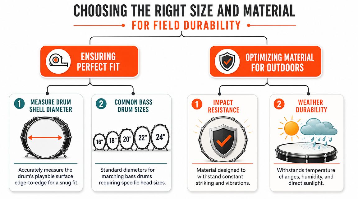 An infographic showing how to choose the right size and durable material for marching bass drum heads.