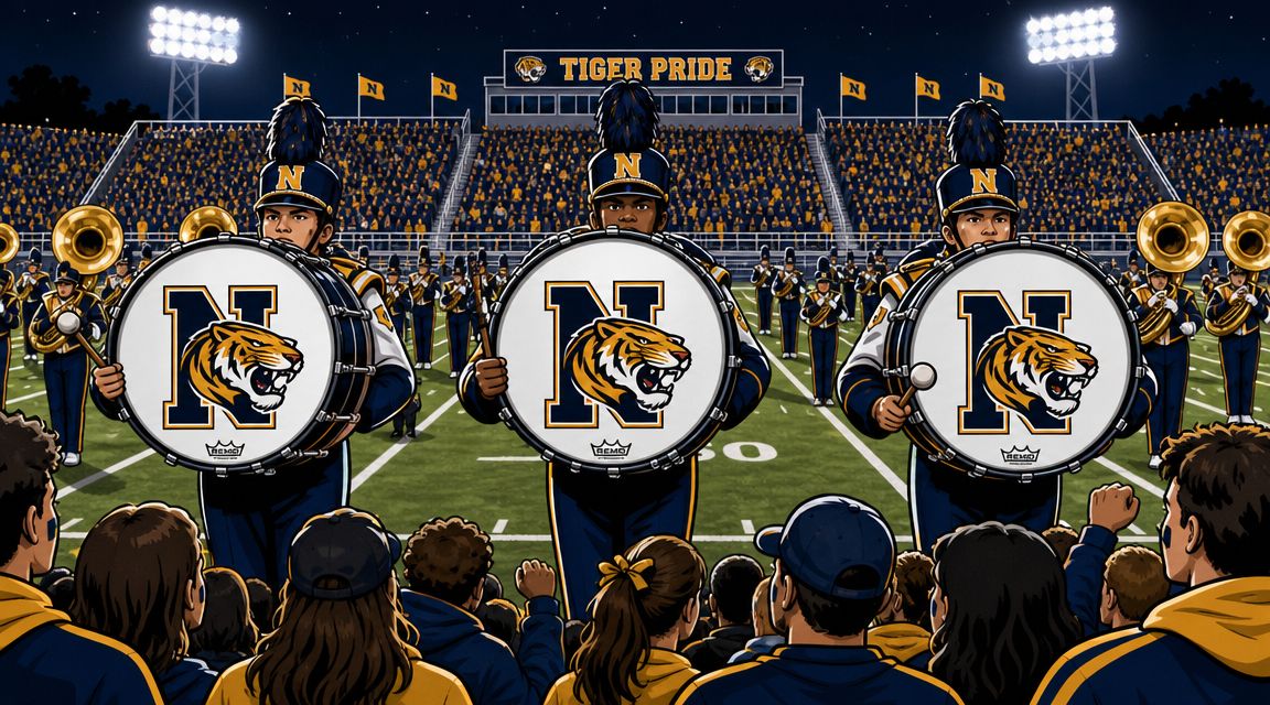 A marching band performance at a football stadium featuring custom bass drums with tiger logos.