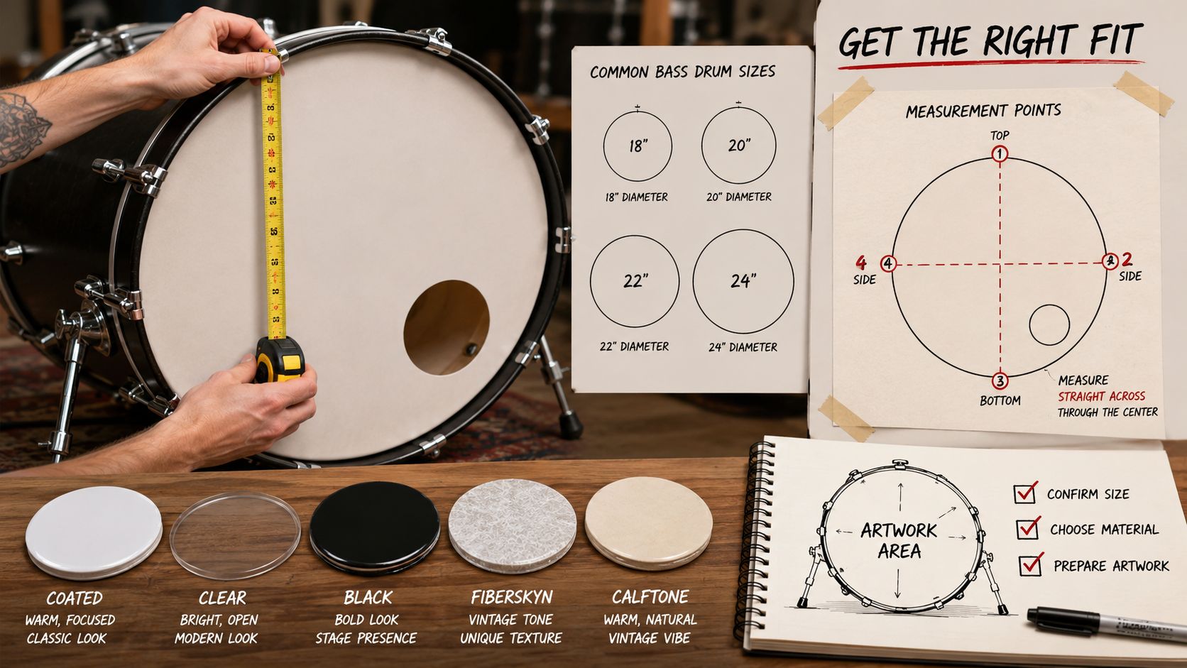 A person measuring a bass drum head with instructions on how to select sizes and finish styles.