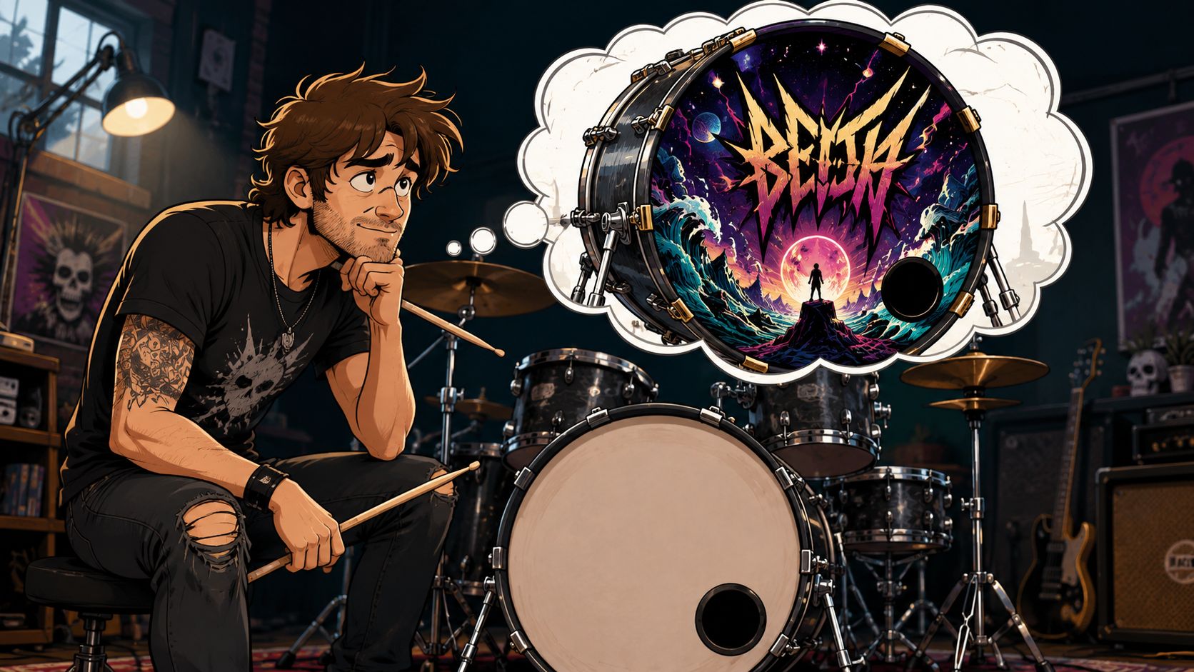 A male drummer sitting in his studio imagining a custom printed bass drum head with artistic design.