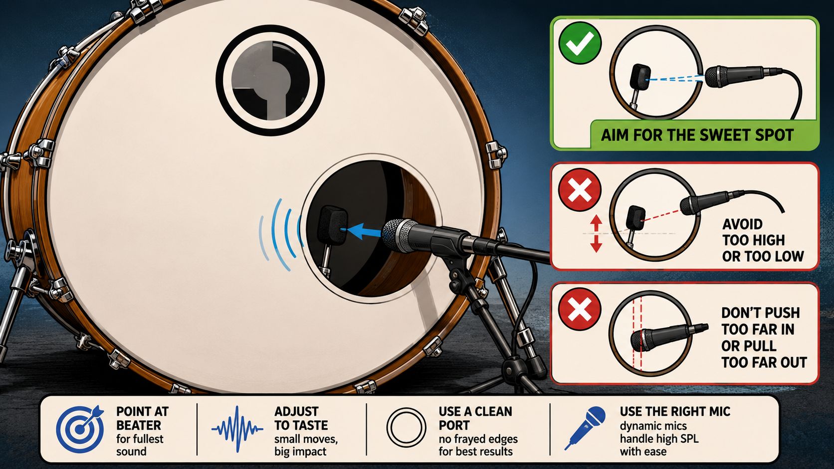 An instructional graphic showing proper microphone placement techniques for recording a bass drum for best sound.