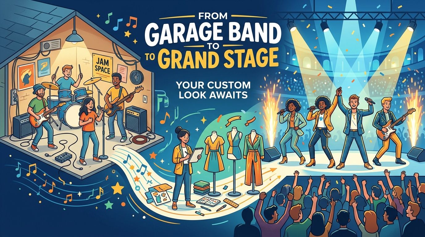 A transition from a garage band rehearsal to a professional stage performance with custom clothing design.
