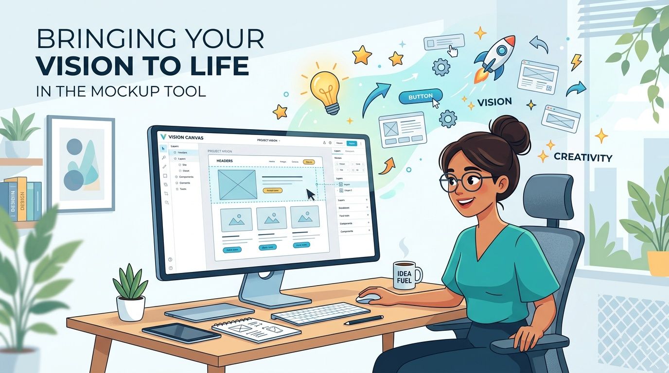 A digital designer working on website mockups on her computer in a creative and cozy workspace.