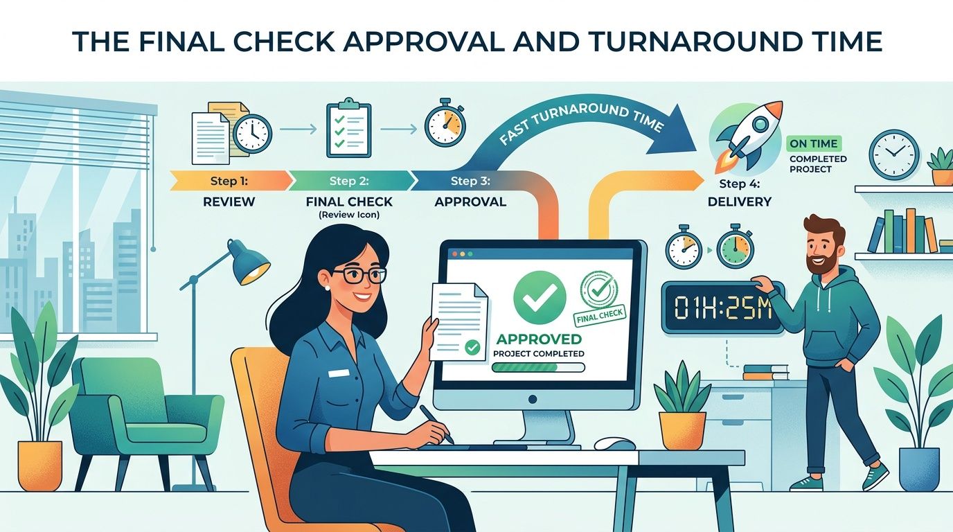 A professional illustration depicting a project approval workflow, showing review, final check, and timely project delivery.