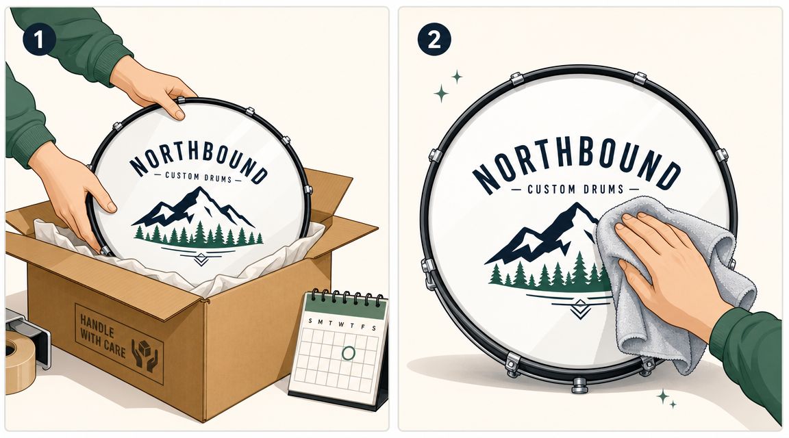 A two-step instructional guide on unpacking and cleaning a custom Northbound branded bass drum head.