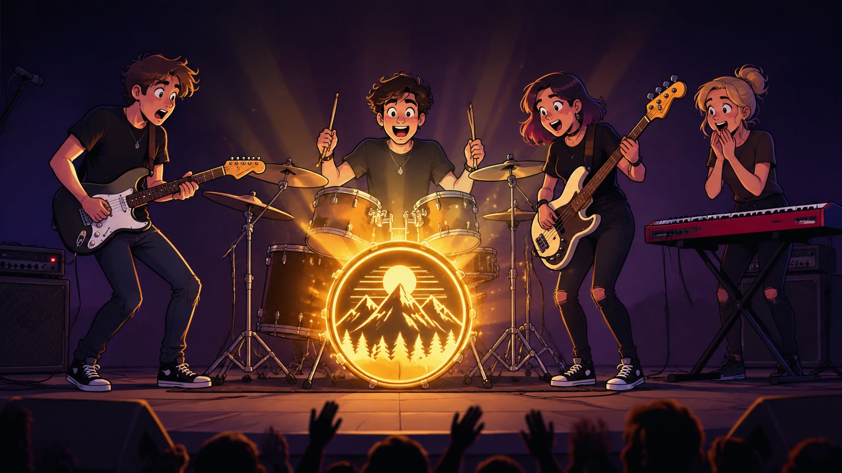 A four-piece cartoon rock band performing on stage with a glowing custom mountain logo on the bass drum.