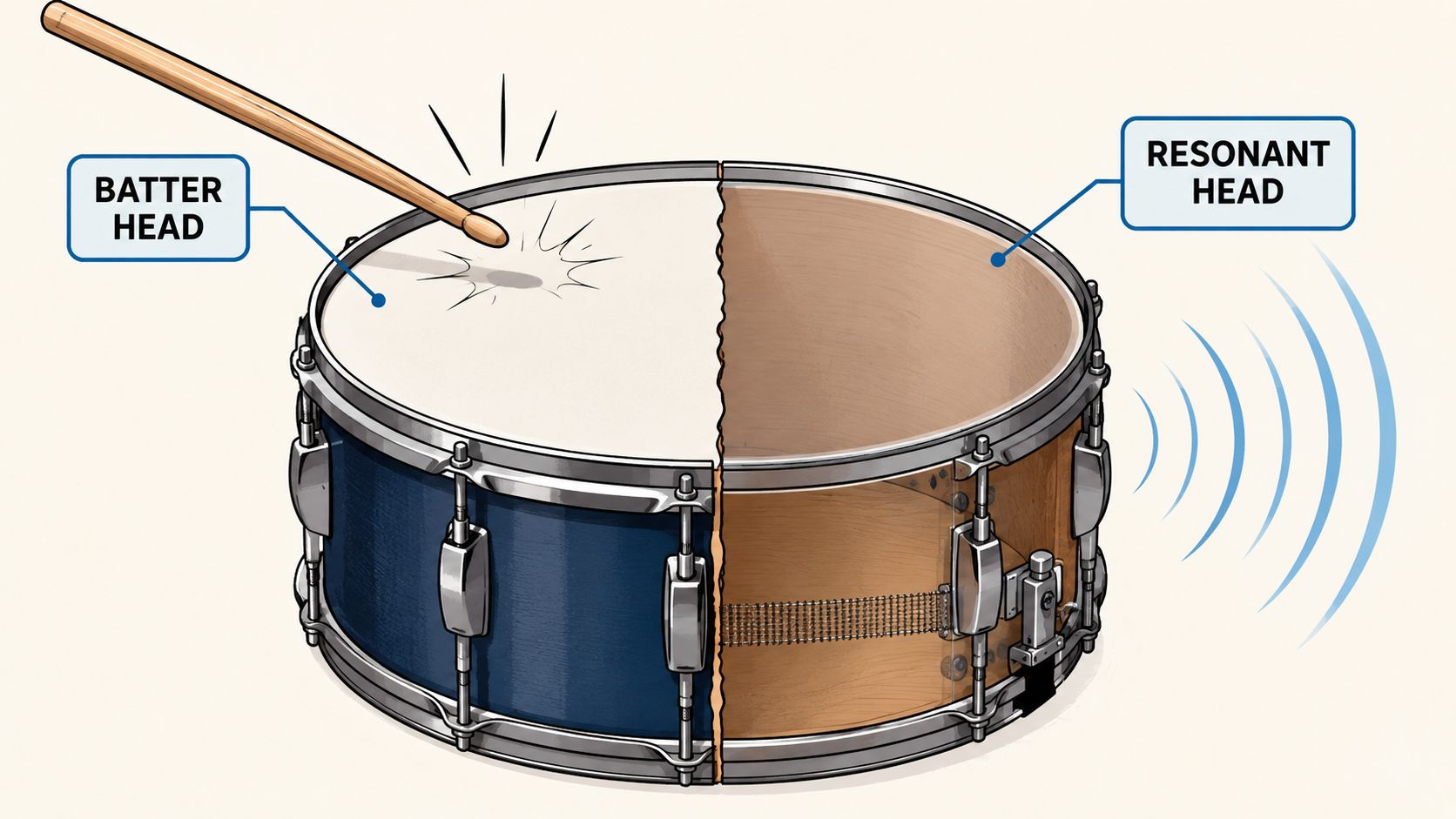 A cross-section illustration of a snare drum showing the batter head and resonant head components.