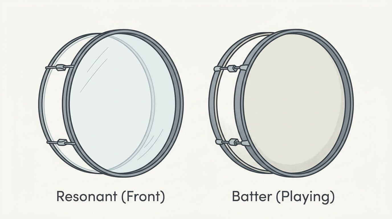 A diagram comparing the resonant front drum head and the batter playing drum head for drums.