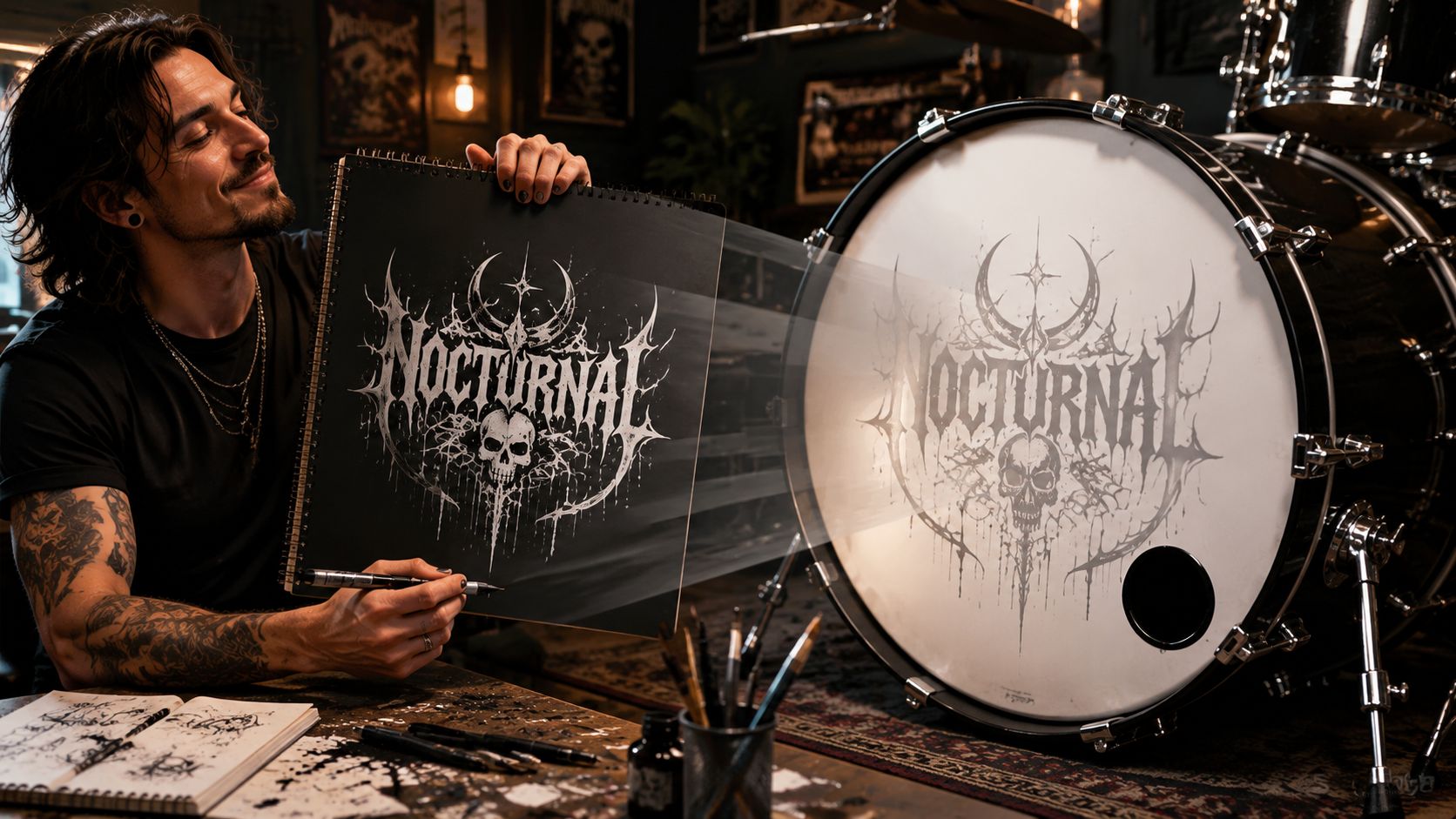 A male artist sketching a band logo that magically transfers onto a large bass drum head.