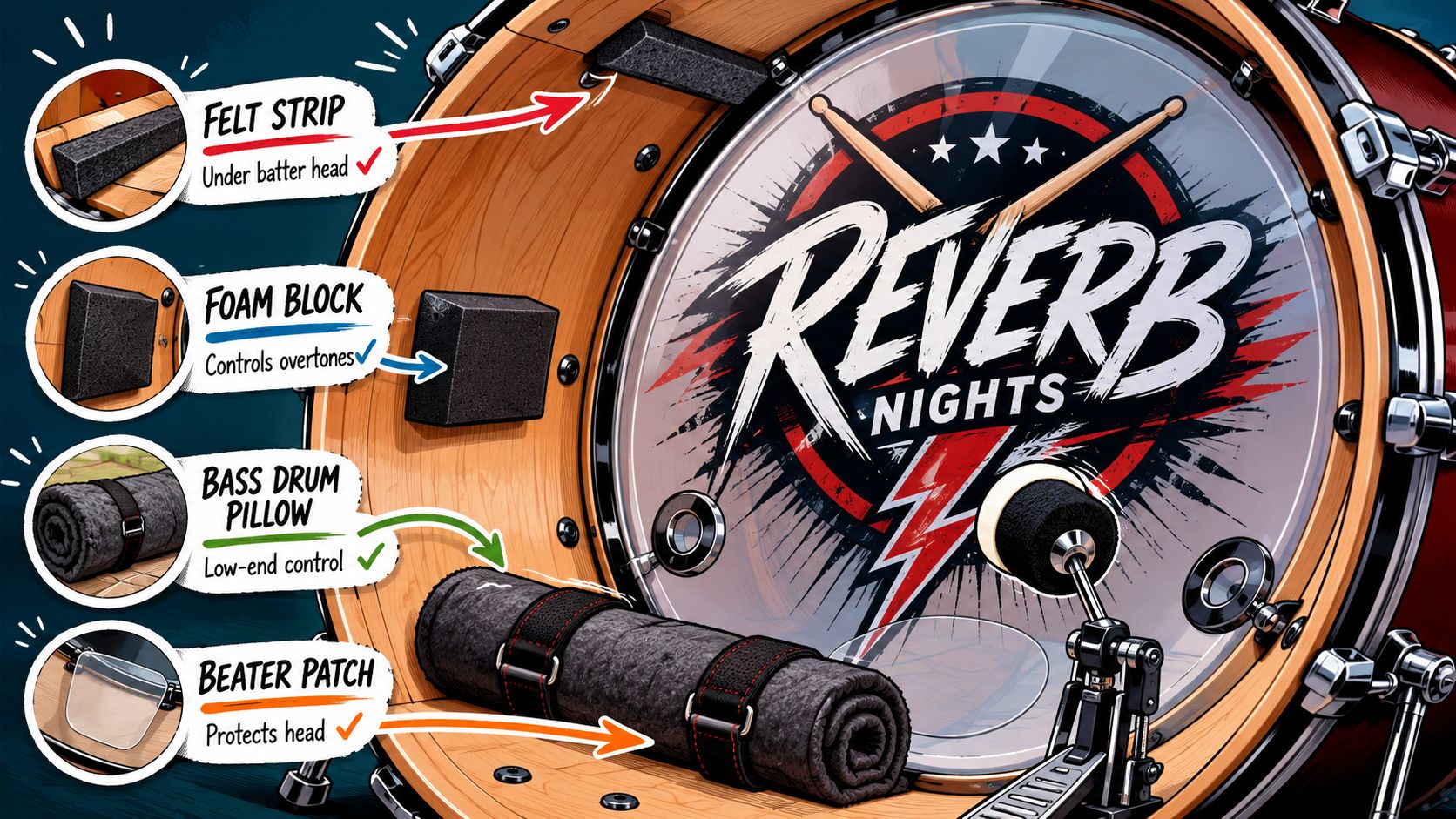 An illustration showing a bass drum with various internal dampening accessories for better tone control and protection.