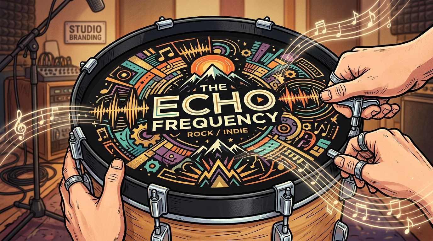 An artistic graphic of a bass drum featuring intricate patterns, mountains, and musical notes in a studio.
