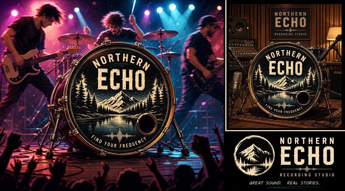 A professional custom drum kit featuring Northern Echo branding, showcased in concert and studio settings for musicians.