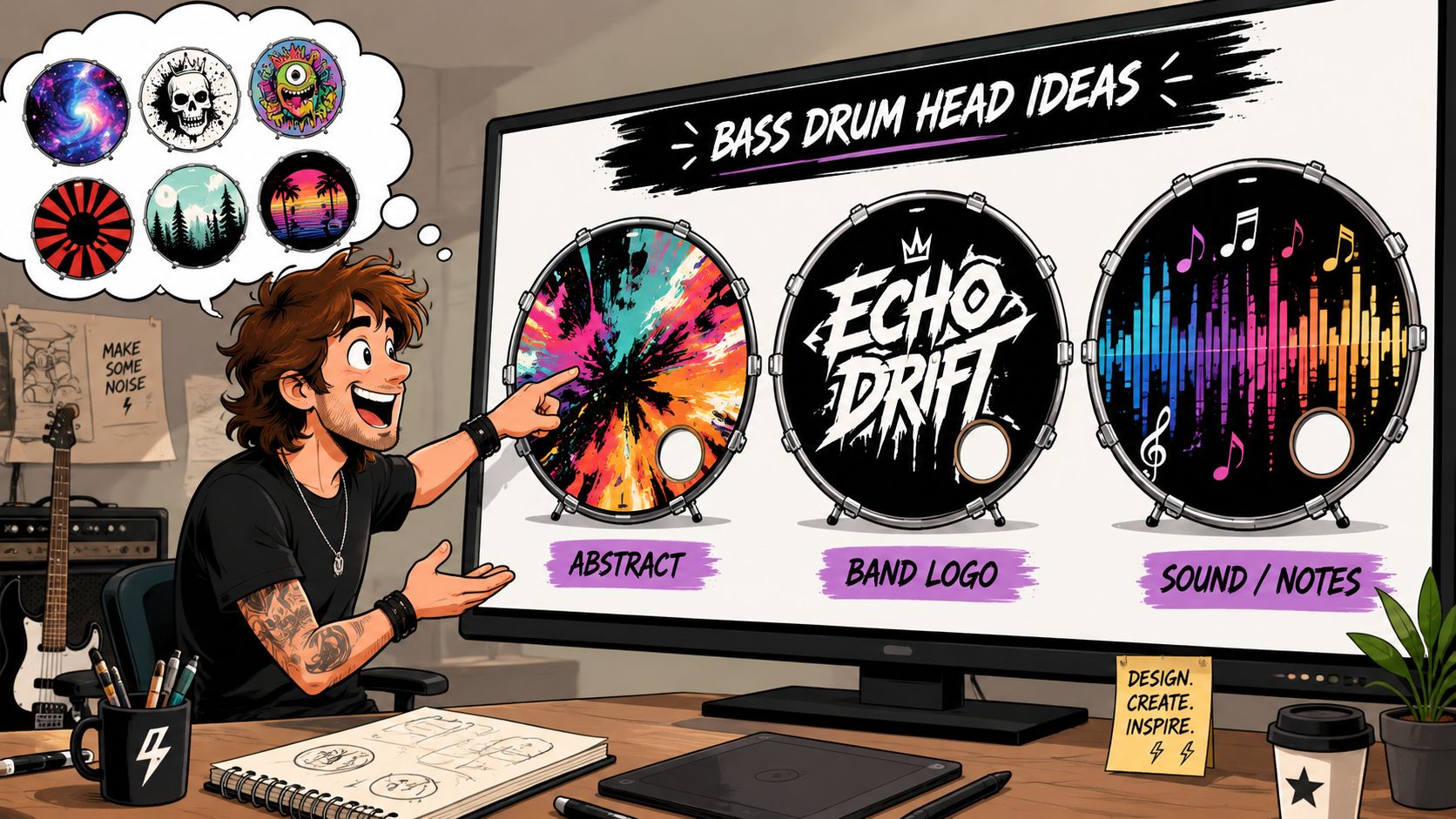 A creative designer illustrating custom bass drum head concepts on a digital display for modern bands.