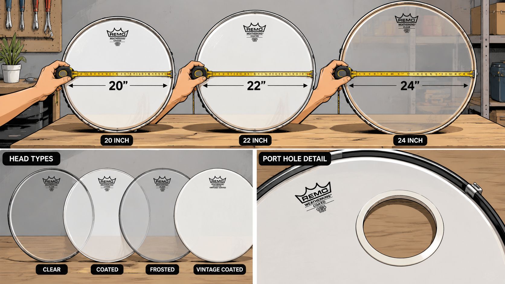A diagram illustrating drum head sizes, various surface finishes, and a drum head port hole detail.