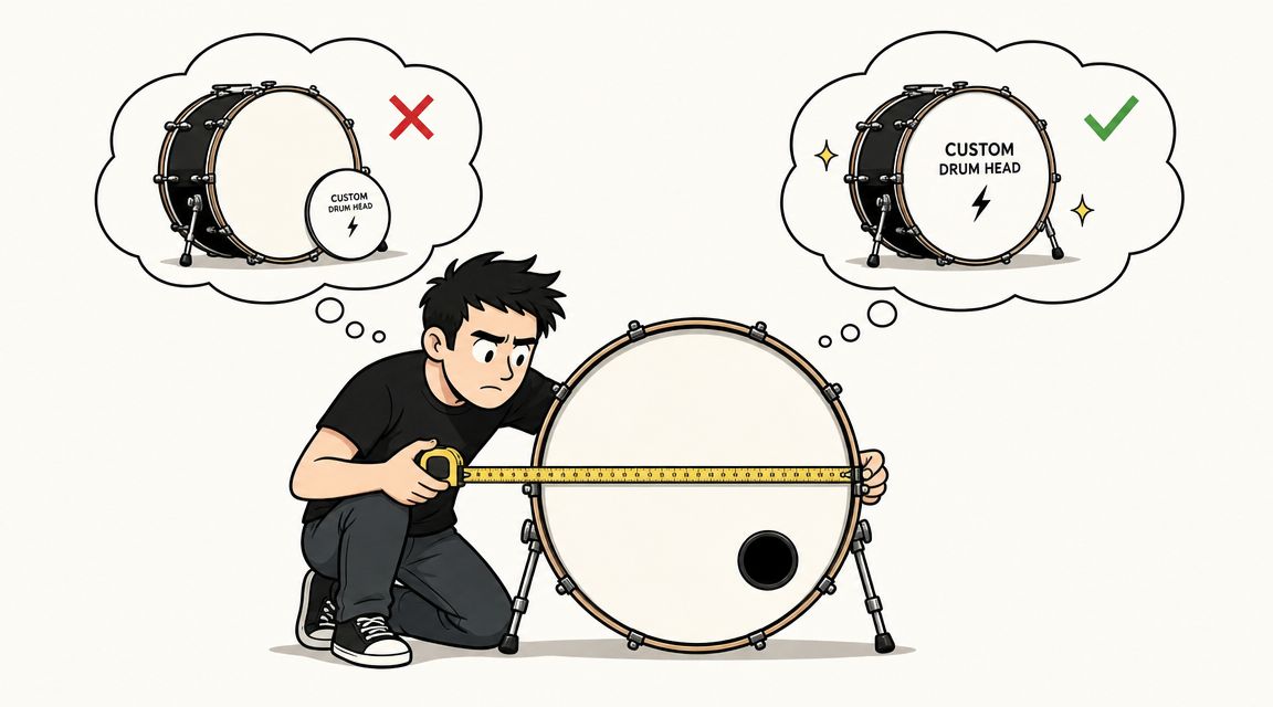 A person measuring a bass drum to ensure the correct size for a custom drum head graphic.
