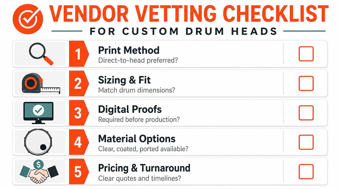 A vendor vetting checklist infographic for choosing custom drum head printing companies with five essential criteria.