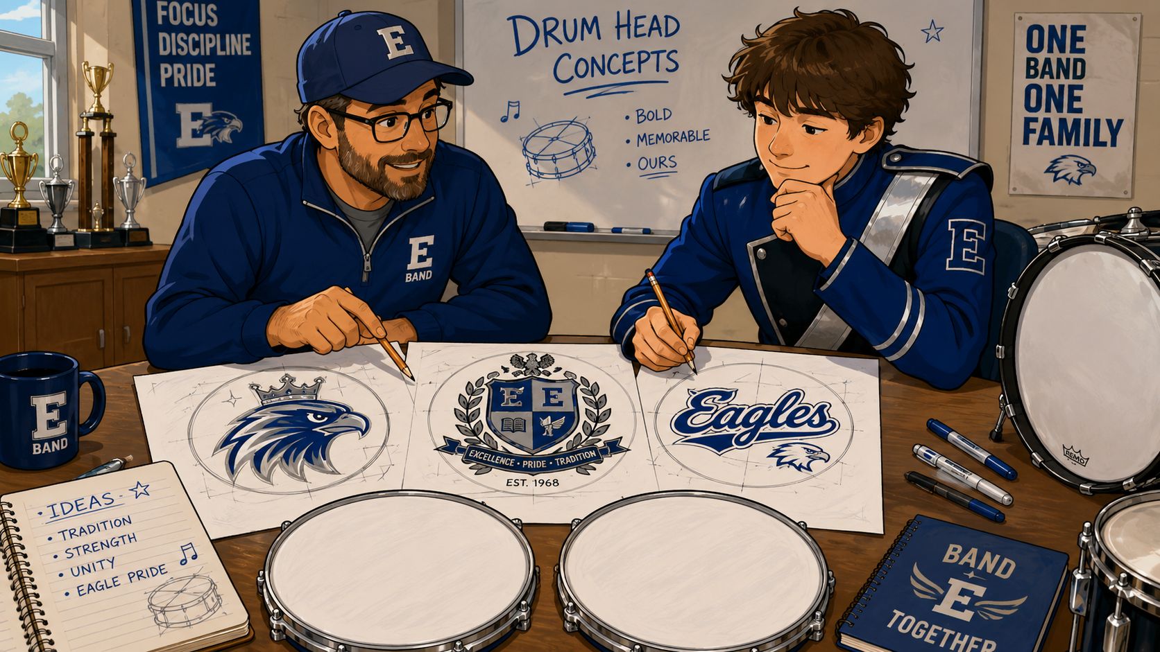 A band instructor and a student brainstorming creative logo designs for marching band drum heads together.