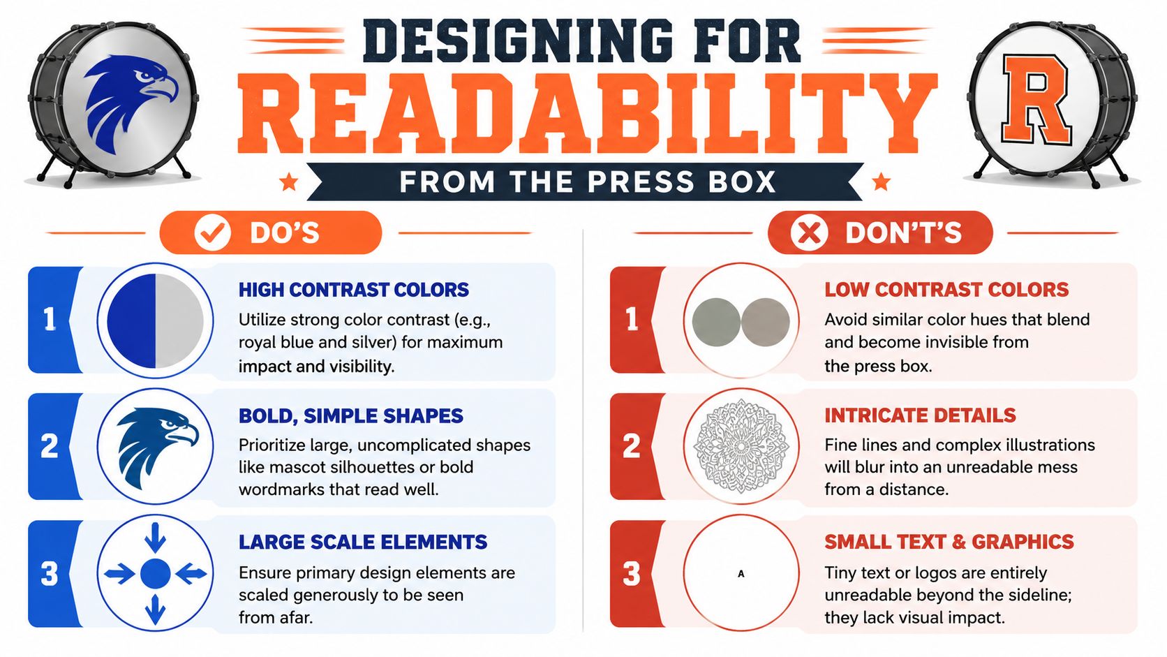 A graphic design guide for drum heads featuring readability tips with do and don't examples.