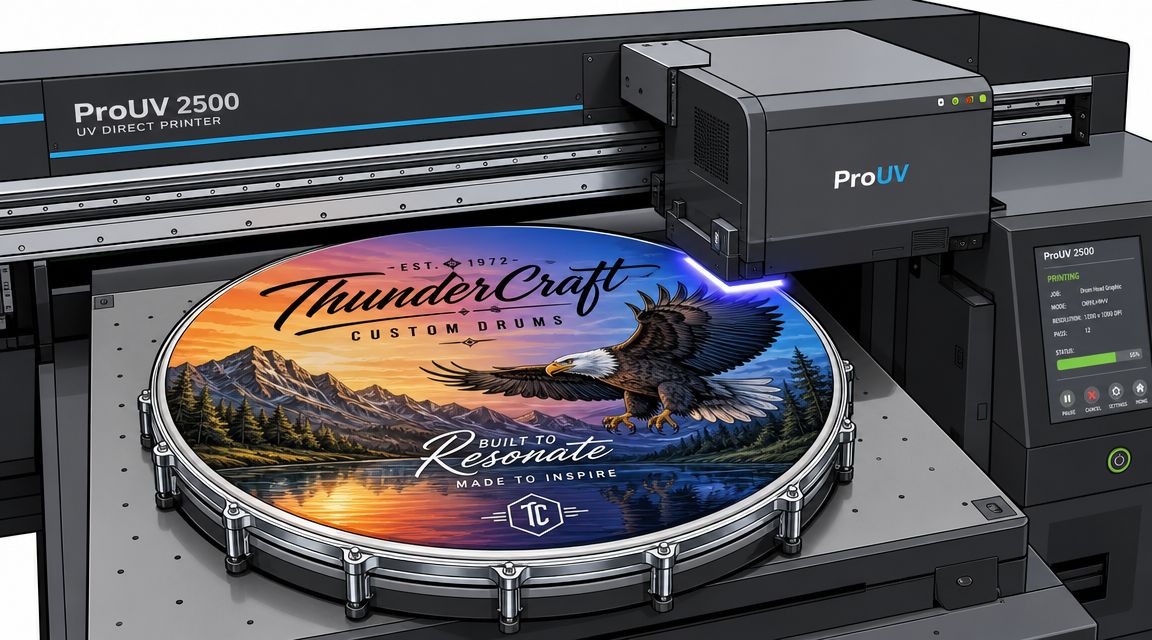 A professional UV direct printer machine printing a custom design on a bass drum head.