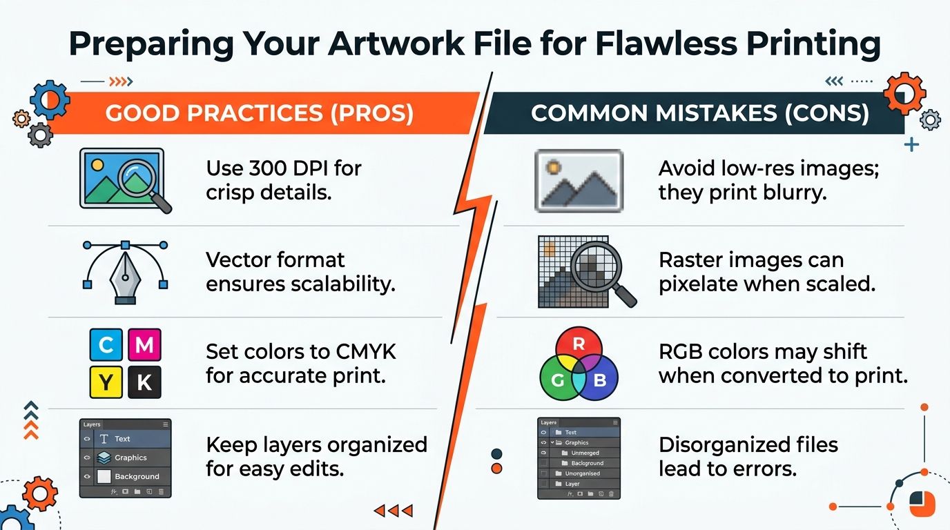 An infographic comparing good practices and common mistakes when preparing artwork files for high-quality professional printing.