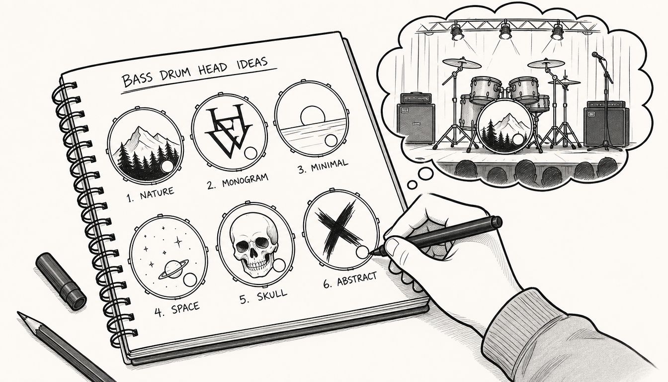 A hand sketching various custom bass drum head design ideas including mountains, skull, and space themes in a notebook.