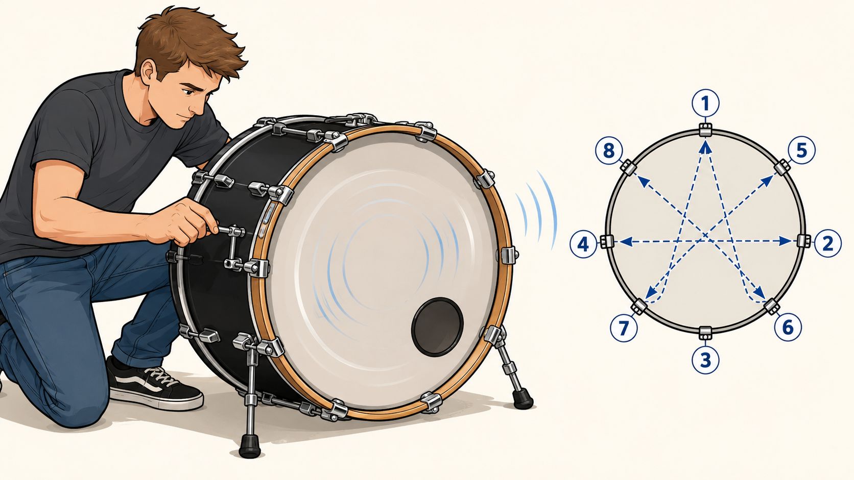 A person tuning a bass drum using a star pattern sequence to ensure even tension.