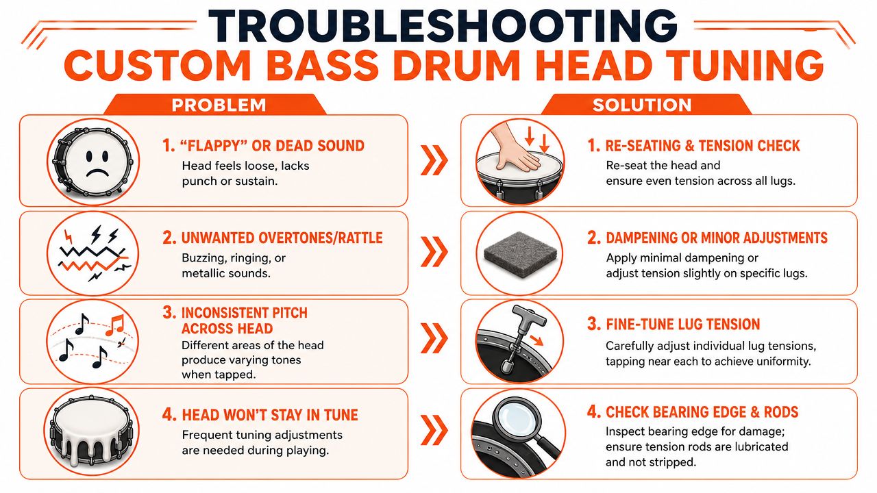 A troubleshooting guide for custom bass drum head tuning, illustrating common problems and their corresponding professional solutions.